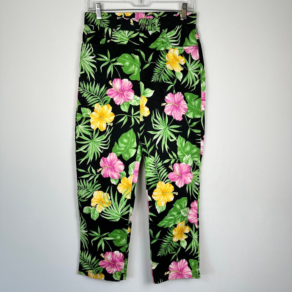 Lauren Ralph‎ Lauren Tropical Hibiscus Pants Womens 8 Black Floral Resortwear